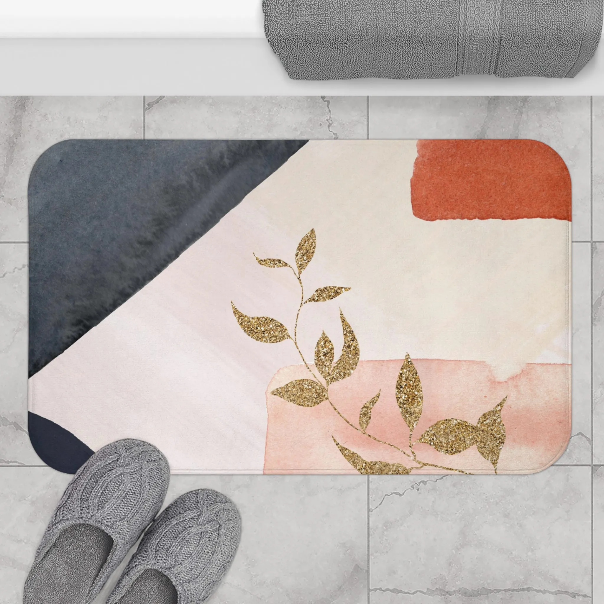 Abstract Bath Mat | Navy Blue, Orange Pink