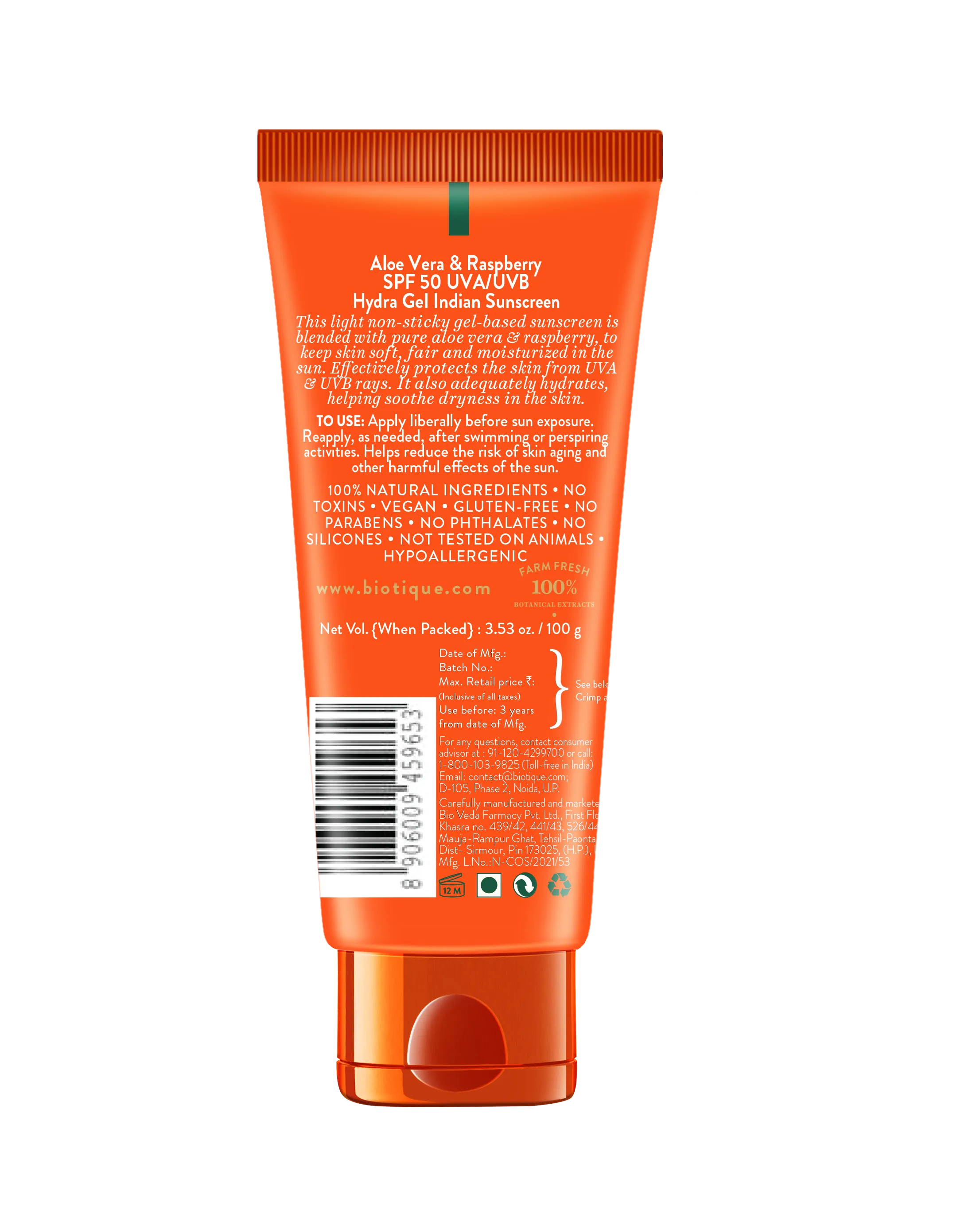BIOTIQUE ALOE VERA & RASPBERRY SPF 50 Hydra Gel Indian Sunscreen 100g