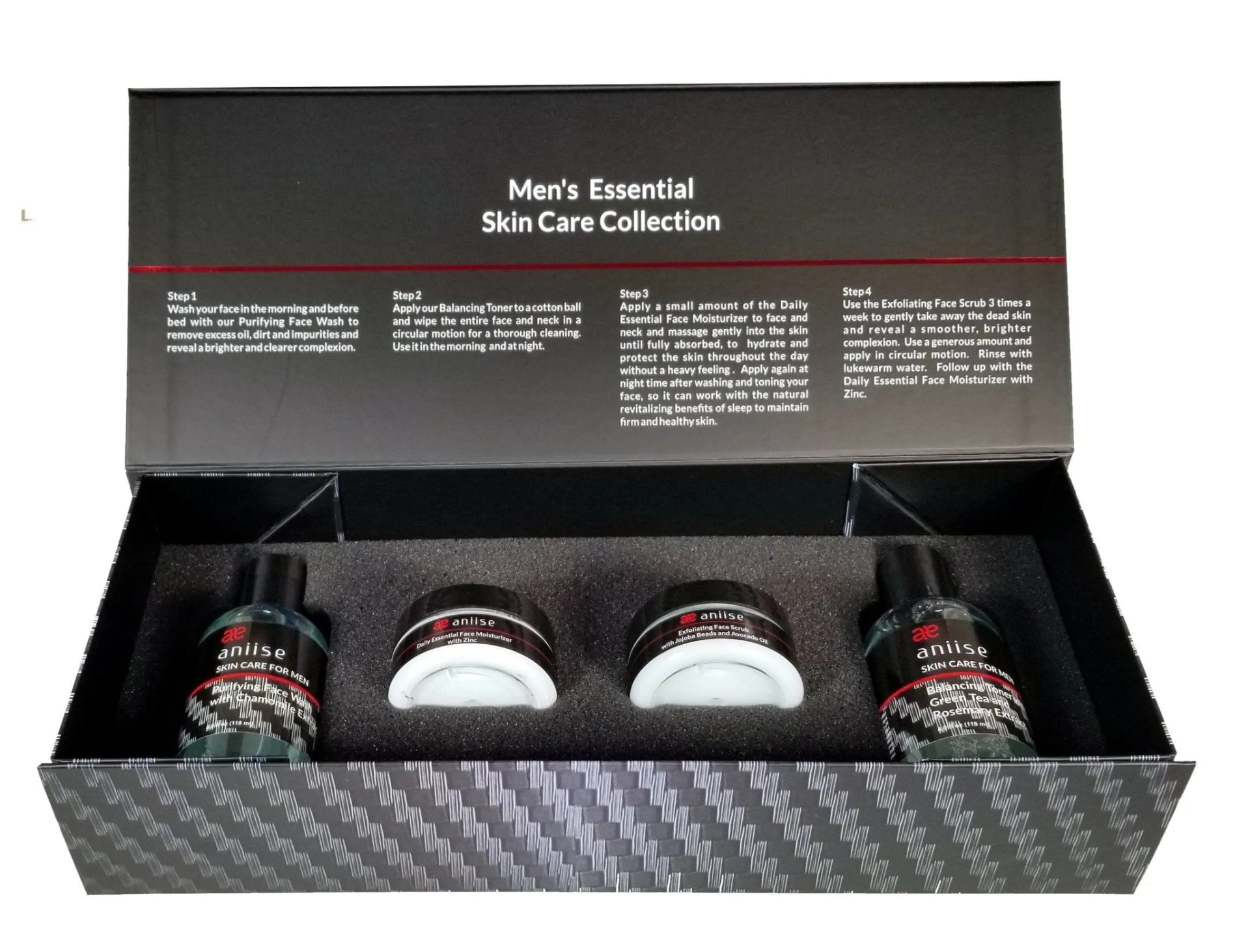 Men's Essential Skin Care Set - Purifying Face Wash, Daily Moisturizer, Balancing Toner, Exfoliating Face Scrub